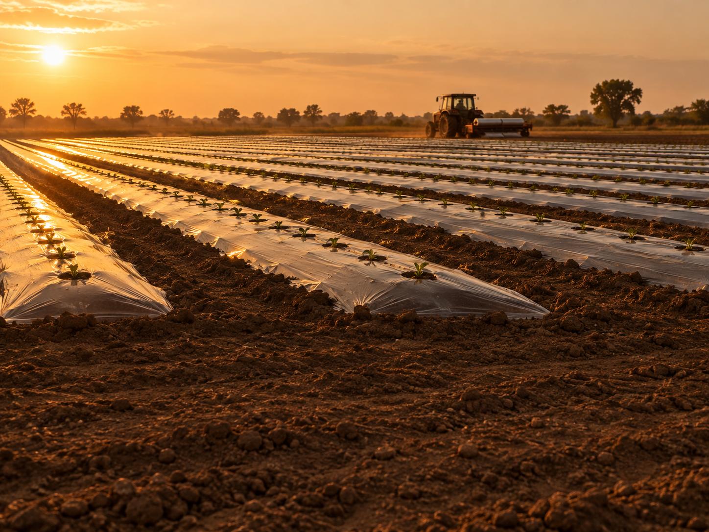 Rows of biodegradable mulch film laid over tilled soil at golden hour, machinery on the headland