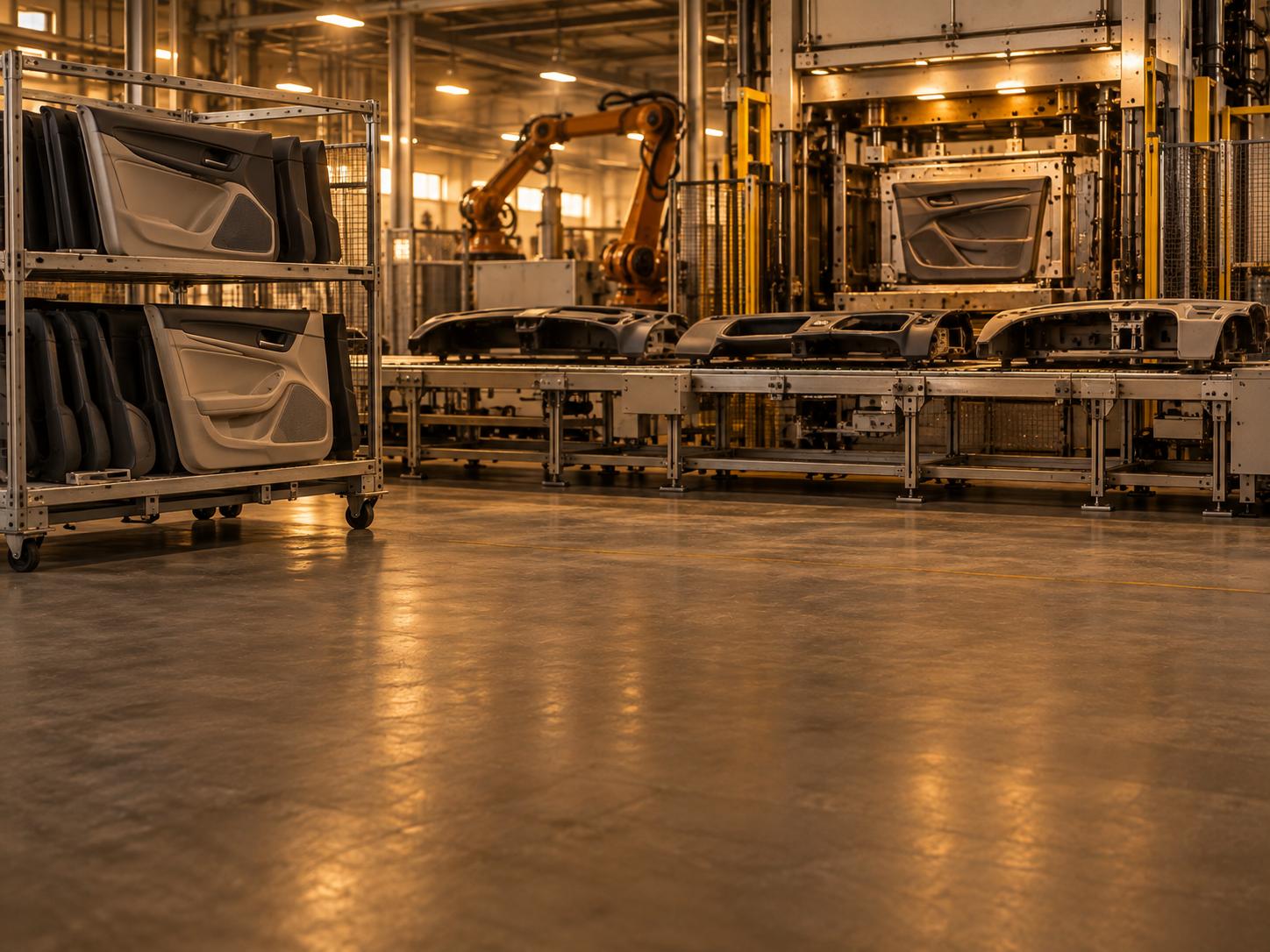 Moulded interior trim panels on racks beside press tooling in an automotive plant