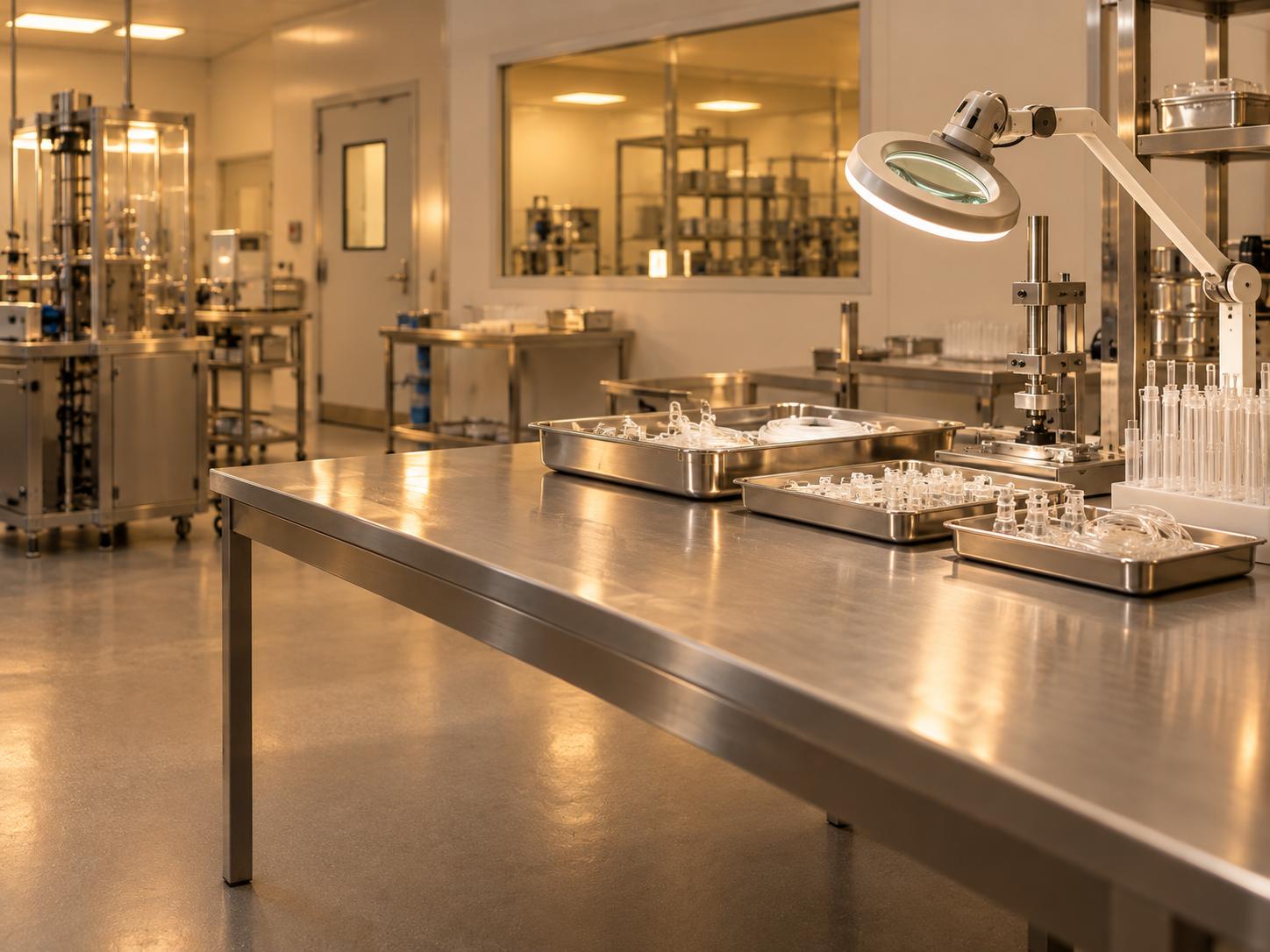 A cleanroom assembly station with stainless instrument trays and precision tooling