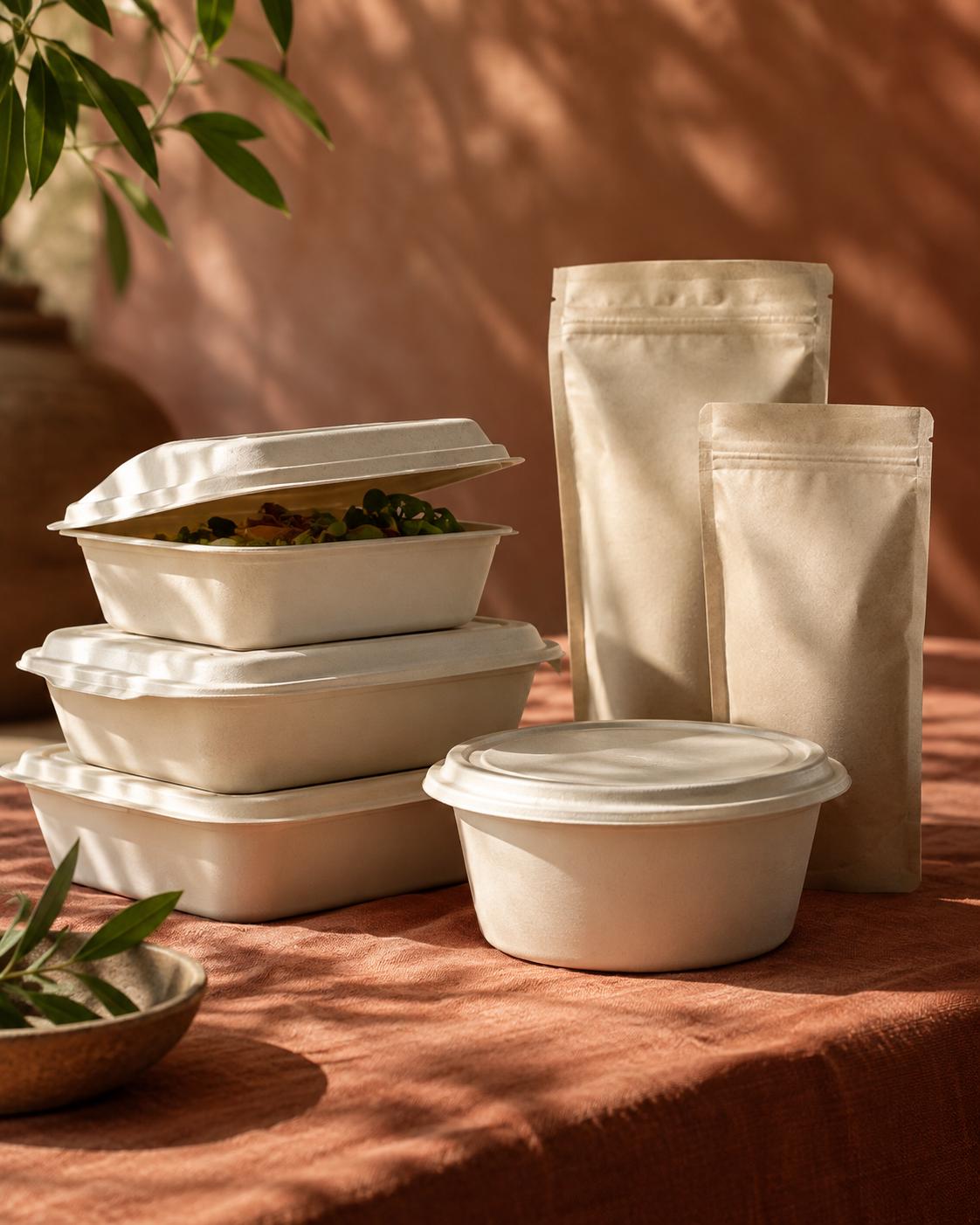 Stacked compostable containers with clear lids alongside kraft pouches in warm daylight
