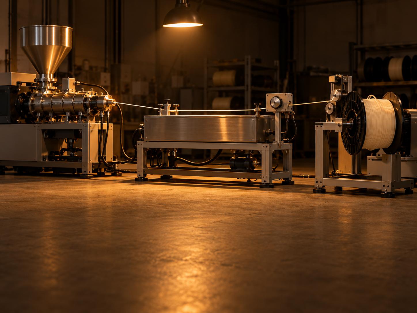 A filament extrusion line winding polymer strand onto a spool