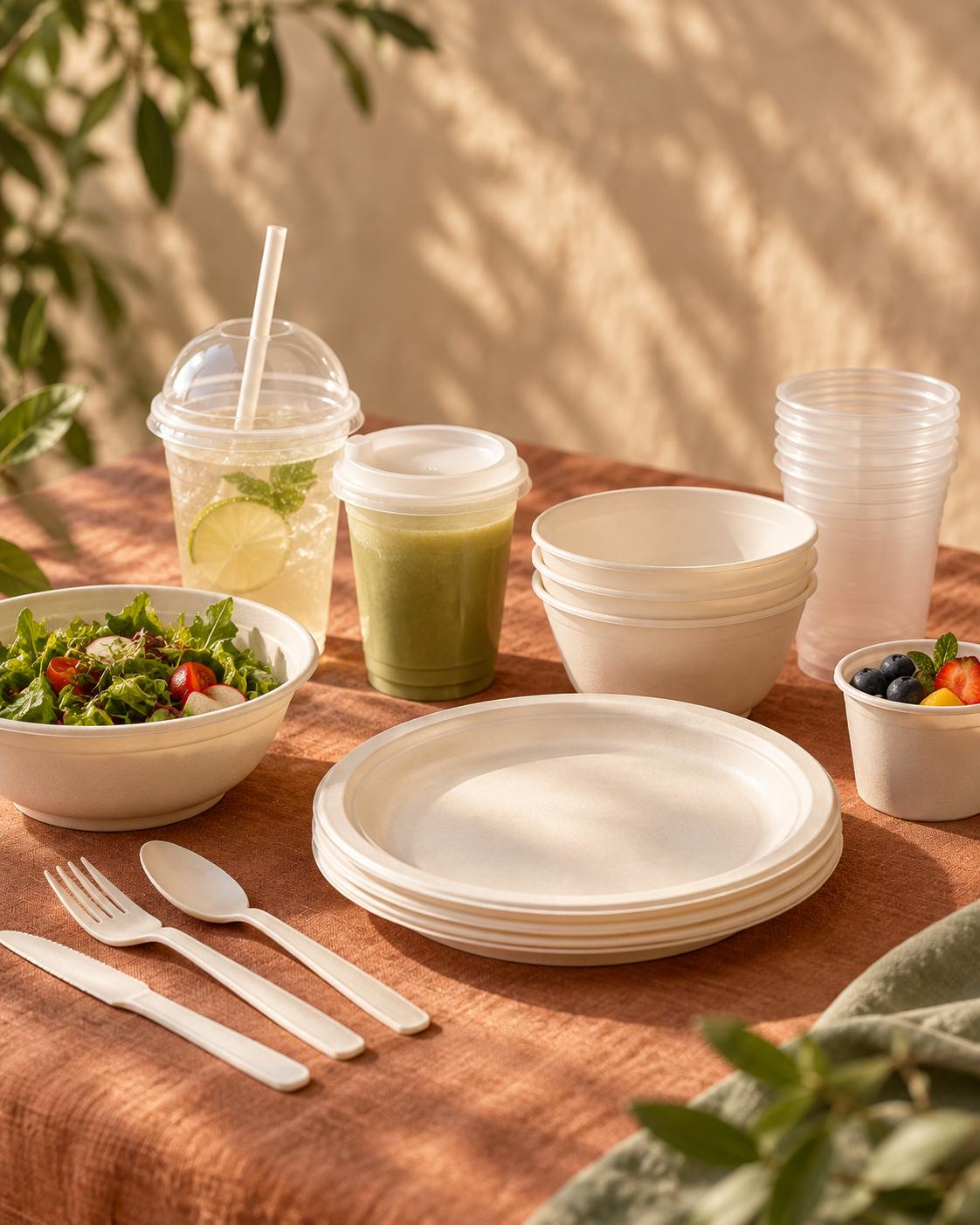 Plates, bowls, cups and cutlery thermoformed and moulded from PLA resin
