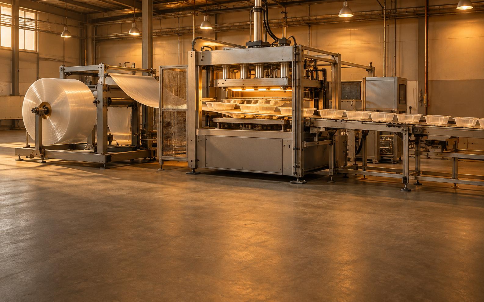 A thermoforming press stamping shapes from polymer sheet feeding off a reel