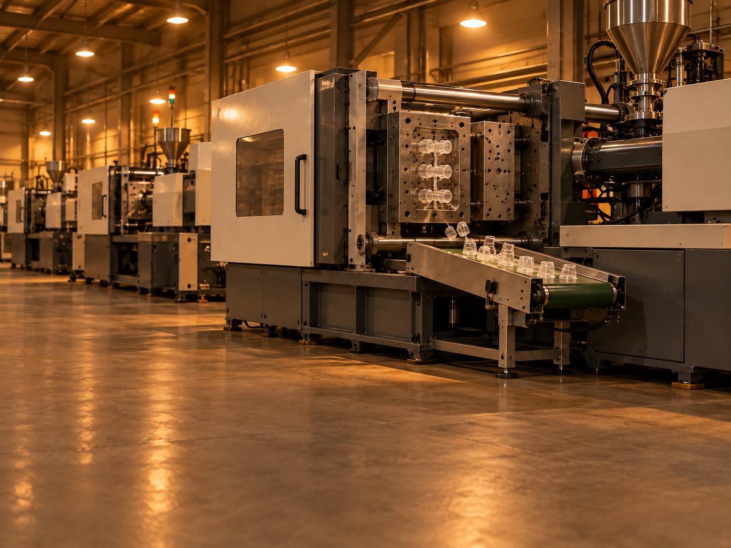 Injection moulding machines in a row on a plant floor, parts advancing on a conveyor