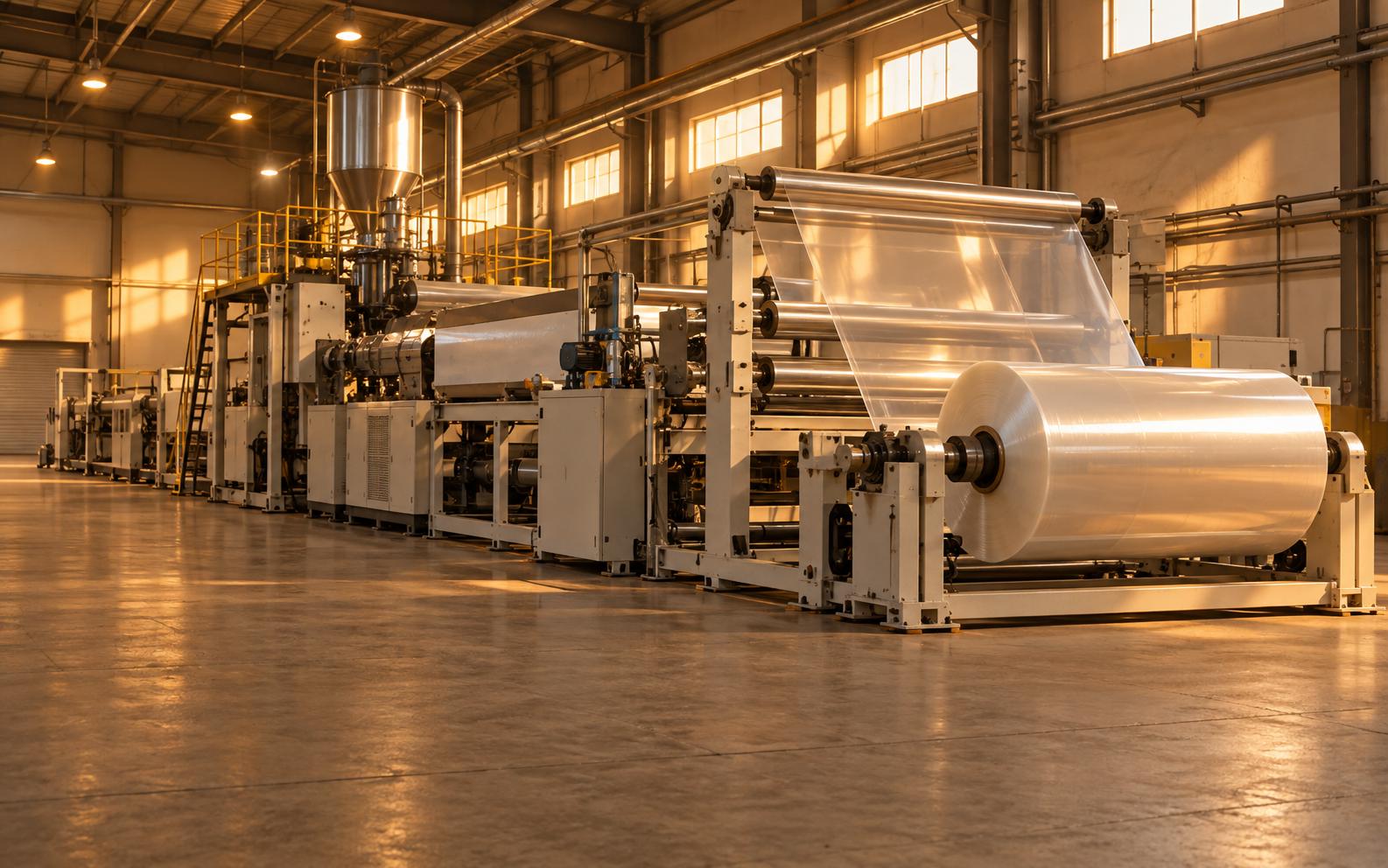 A cast-film extrusion line running clear film onto a large winding roll in a converting plant