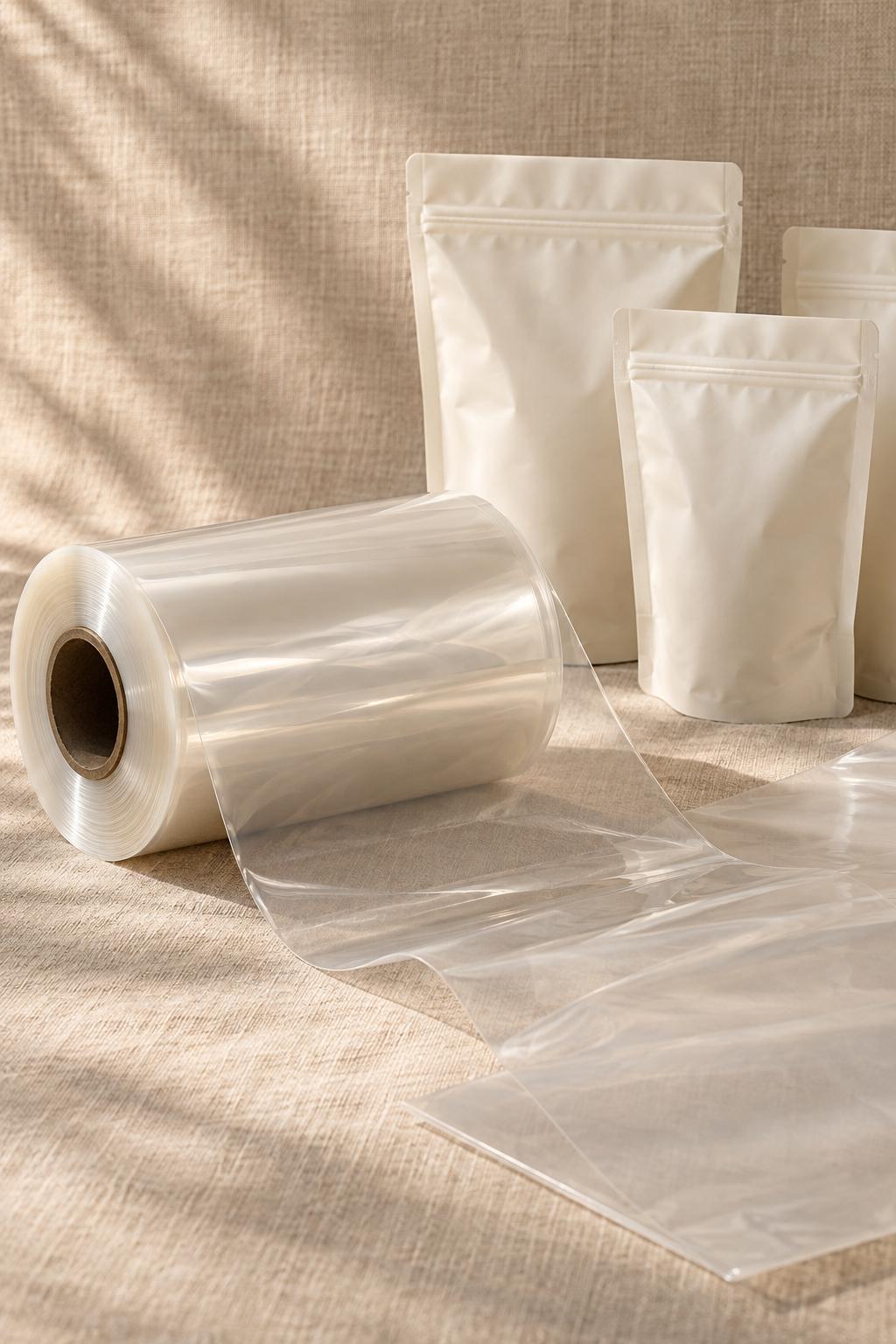 A roll of clear PLA film partly unrolled beside cream stand-up pouches and a flat film sheet