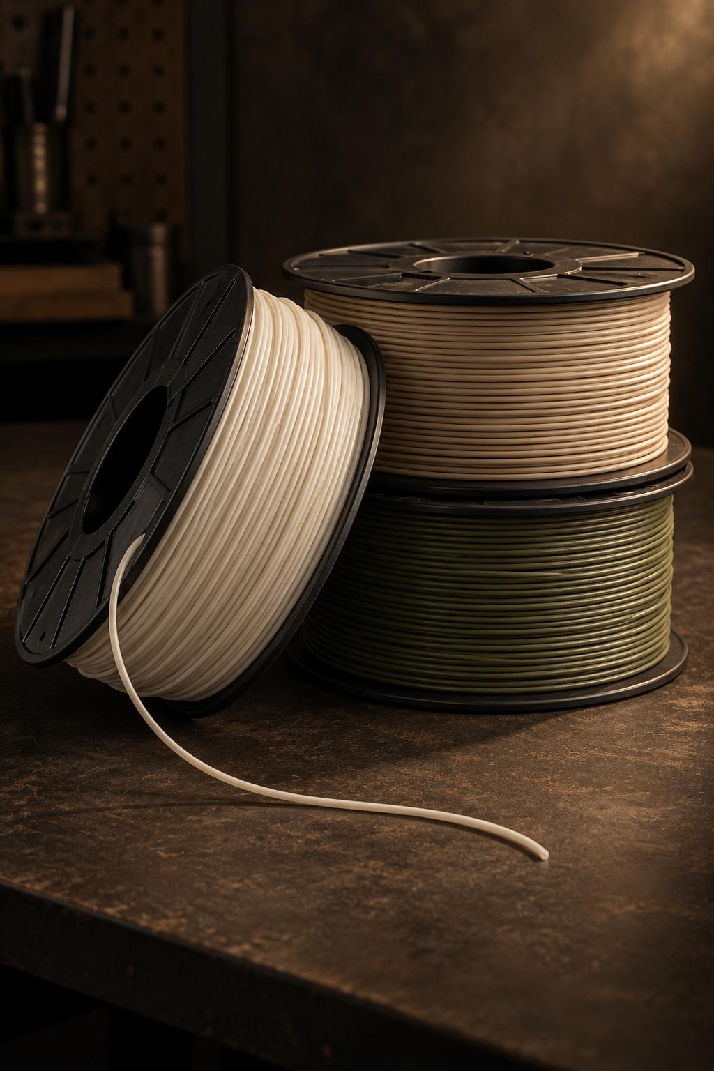 Three spools of PLA filament in bone, sand and olive on a dark workshop bench, one strand unwound