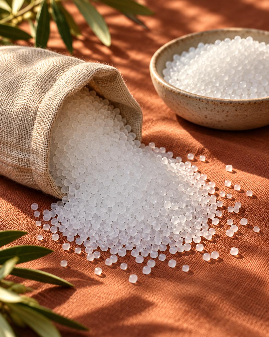 Translucent PLA resin pellets spilling from a sack, the form the material is supplied in