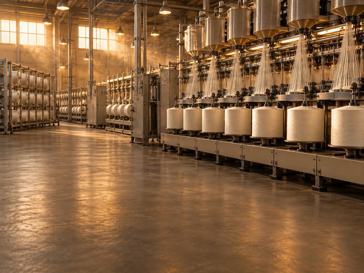 Rows of winding heads drawing fine filament onto bobbins in a fibre spinning mill