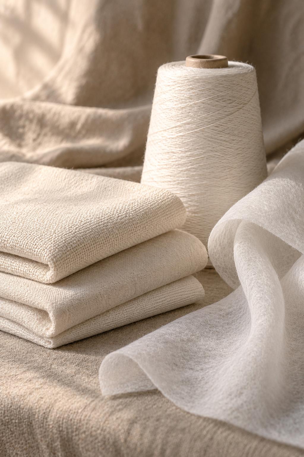Folded undyed PLA woven fabric, a cone of spun yarn and a draped nonwoven web